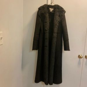Brown Nine West suede faux fur lined long coat with stitch detail throughout.